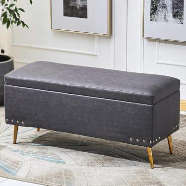 Imagem de Banqueta para pés otomana de couro sintético macio, decoração retangular moderna para móveis, bancos multifuncionais, banco de armazenamento luxuoso, cinza escuro, 80 x 40 x 45 cm (31 x 16 x 18