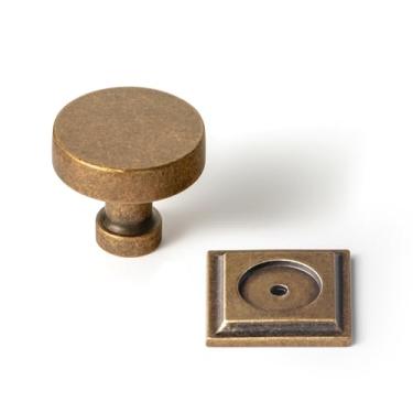 Imagem de Goo-Ki Pacote com 6 maçanetas de gaveta de armário de bronze antigo com placa traseira - Espaçador de maçaneta de barra de latão retrô vintage pequeno orifício único puxar ferragens de cozinha para