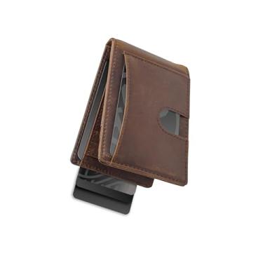 Imagem de Carteira de couro fina com clipe para dinheiro | Carteira de bolso frontal | Armazenamento de 1 a 10 cartões | Dobrável de couro fino masculino | Dobrável de couro com bloqueio de RFID, Marrom escuro,