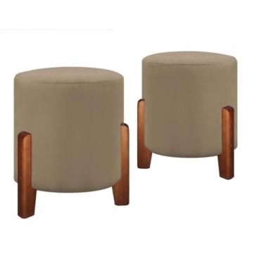 Imagem de Kit 2 Puff Sala Decoração Moderna Estilo Retrô Pé Madeira Cor Bege Vel