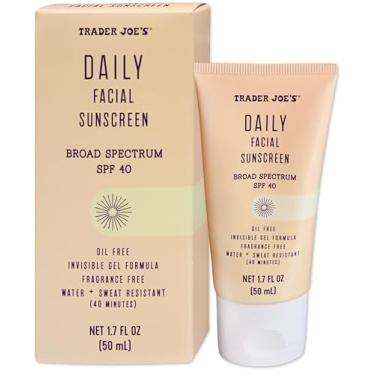 Imagem de Protetor solar facial diário Trader Joe's amplo espectro FPS 40 sem óleo fórmula gel invisível sem fragrância resistente ao suor à água "Supergoop Dupe"
