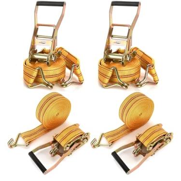 Imagem de DAJAVE Pacote com 4 correias de catraca resistentes, tiras de amarração de 5 cm e 6 m com gancho duplo em J, correias de catraca de carga de 1,995 kg para mover e proteger equipamentos de gramado e motocicletas (amarelo)