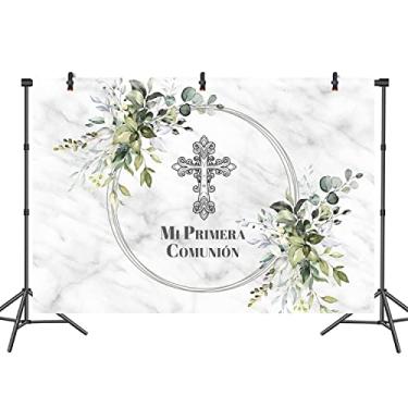Imagem de DASHAN 2,4 x 1,8 m Mi Primera Comunión pano de fundo abstrato cinza mármore cruz folhas verdes foto fundo para batismo festa batizado poliéster fotografia banner decoração adereços