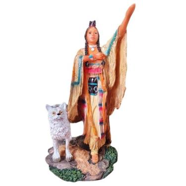 Imagem de Estátua India Xamã Com Lobo Branco - Decorações Enfeite - Althea Arte 