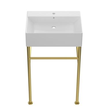 Imagem de Dcolora Pia de console independente de cerâmica pia de banheiro pia branca brilhante com pernas de suporte dourado 61 cm × 40,6 cm, DC-FS2402