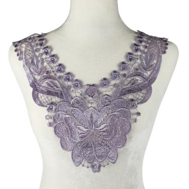 Imagem de Carytalee 2 peças de apliques de flores de renda roxa costurados em acabamento bordado para costura faça você mesmo, artesanato, roupas, vestido de casamento, aplique de decoração, 35 x 39 cm