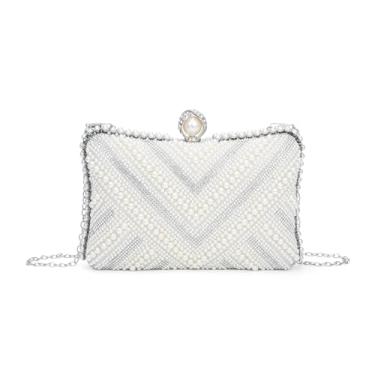 Imagem de Tmore Bolsa de mão feminina pérola para noite bolsa de noiva com contas de luxo com corrente para casamento, formatura, coquetel, Prata
