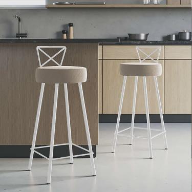 Imagem de Kit 02 Banqueta Alta Com Encosto Tânia Eiffel Cozinha Bar Bistrô Ferro Branco Sintético Bege - Ahazzo Móveis