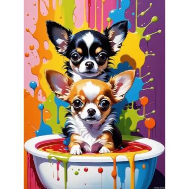 Imagem de UPABLUNSO Kits de pintura de diamante para adultos, kit de arte de diamante de animais redondos completos 5D, chihuahua na banheira pontos pintura de diamante para iniciantes, contas DIY para