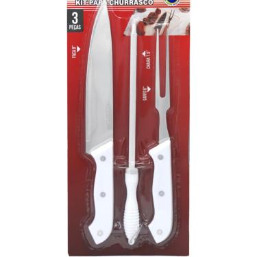 Imagem de Kit para Churrasco Gadan com 3 Peças, Faca 32 cm, Chaira 29 cm e Garfo 28 cm, Cabos Brancos em Polipropileno