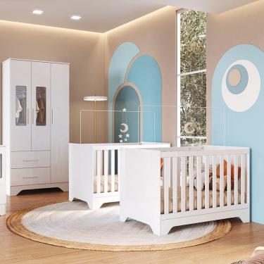 Imagem de Quarto de Bebê com 2 Berço Mini Cama Guarda Roupa 3 Porta 2 Gavetas com Janela Popy Retrô Peroba