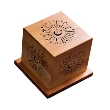 Imagem de IEUDNS Caixa de queimador de incenso de madeira, peça central de mesa portátil com tampa de incenso de incenso de incenso para a sala de chá Spa de, Padrão Da Lua Estrela