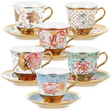 Imagem de Teenyyou Conjunto de 6 xícaras de chá e pires, decorações de festa de chá de porcelana floral, 153 g, presente britânico para mulheres, festa de aniversário, igreja e dia das mães (estilo elegante)