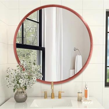 Imagem de AOAOPQ Espelho redondo emoldurado para maquiagem montado na parede canto arredondado escovado vermelho espelho pequeno espelho armação de metal espelhos para vaidade casa quarto sala de estar entrada
