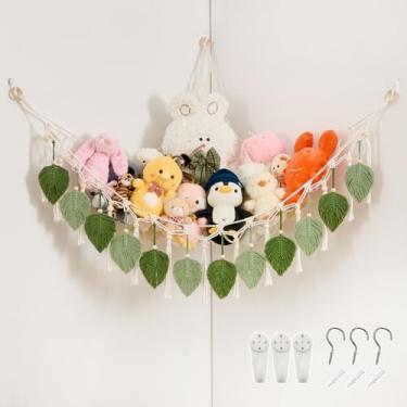 Imagem de Pretty Jolly Rede de armazenamento para pendurar na parede folha de macramê, organizador de brinquedos de canto boho de 150 cm com borlas, suporte de pelúcia para quarto de crianças (verde abacate e