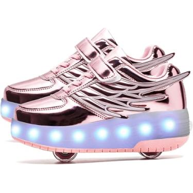 Imagem de Aikuass Tênis de skate com rodas com luzes LED carregáveis por USB para meninos e meninas e crianças, Cd03 - rodas duplas - rosa, 5.5 Big Kid