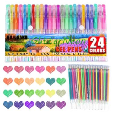 Imagem de HUJUGAKO Pacote com 48 canetas de gel neon com glitter, 24 canetas de gel coloridas com 24 recargas, 40% mais tinta escrita suave para adultos, livros de colorir, desenhar, rabiscar, álbuns, diário