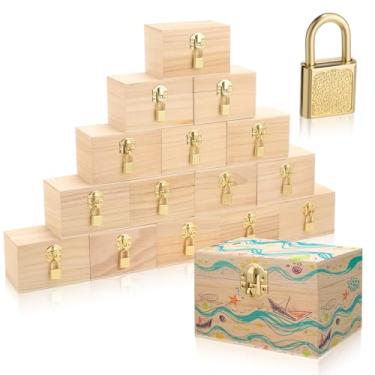 Imagem de CroBlissful 48 peças de caixa de madeira inacabada com tampas articuladas 12 x 8 x 8 cm e mini cadeados com chaves, caixa de tesouro de madeira inacabada para joias de presente de artesanato