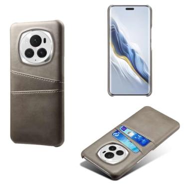 Imagem de Capas Compatível com Honor Magic6 Pro,Caso de couro PU-Tampa de telefone a prova de choque com 2 slots de cartão,Proteção anti-impressão digital e anti-gota-Grey
