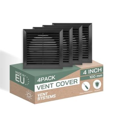Imagem de Vent Systems Duto Ø4" - 17.0 cm x 17.0 cm Pacote com 4 tampas pretas de ventilação de ar - Tubo de ventilação de exaustão de banheiro - Tampa de ventilação externa com venezianas brancas - 100 mm 170