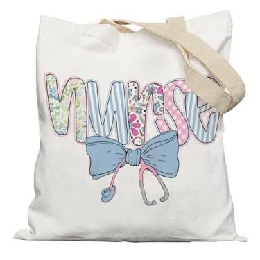 Imagem de APJYM Sacola Coquette Blue Bow Nurse Tote Bag, Nurse Appreciation Gifts Canvas Tote Bags for Women, Enfermagem Escola de Enfermagem, Bolsa de Compras Reutilizável para Enfermagem