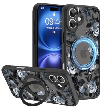 Imagem de AIGOMARA Suporte magnético giratório de 360° para iPhone 16, compatível com MagSafe, padrão de flor rosa com TPU macio e proteção traseira de policarbonato design fosco semitransparente para mulheres