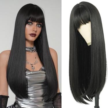 Imagem de 7JHH WIGS Peruca preta natural reta longa com franja 71 cm peruca preta com raízes negras perucas sintéticas de fibra resistente ao calor natural para mulheres, meninas, festivais, Natal, festa diária