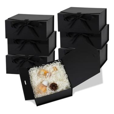 Imagem de OEMVALATY Pacote com 6 caixas de presente, caixa de presente de 24 x 15 x 7 cm com tampa magnética e fita, caixa de presente de dama de honra para casamento, armazenamento, presente (preto)