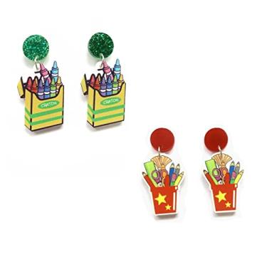 Imagem de Brincos de giz de cera de madeira para professores, brincos criativos e fofos de lápis de cera, caixa de giz de cera, brincos para professores, dia de agradecimento, joias, presentes de volta às aulas