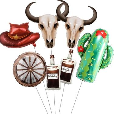 Imagem de Balões de festa de cowboy ocidental, vaca de chifre longo/cacto/chapéu de cowboy/balões de garrafa de uísque para decorações de despedida de solteira de último rodeio, suprimentos de aniversário com