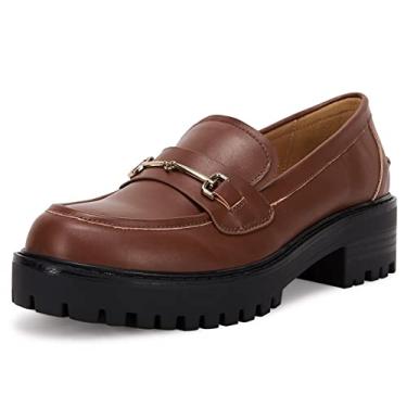 Imagem de VETASTE Mocassim Feminino Plataforma Com Sola De Aço E Salto Grosso Médio, Clássico, Bico Redondo, Sem Cadarço, Sapato Oxford Uniforme Escritório Corrente Metal, Marrom