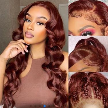 Imagem de Perucas de cabelo humano ondulado marrom avermelhado de 81 cm, cabelo humano 33 x 15 cm, cor ruiva, HD, lace frontal, densidade 220, pré-arrancadas com cabelo de bebê, para mulheres, 100% cabelo