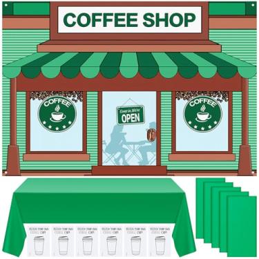 Imagem de Tegeme 37 peças de decoração de transformação de sala de aula de café, pano de fundo de cafeteria, toalha de mesa verde e design de xícara, decoração de sala de aula de café para atividades de