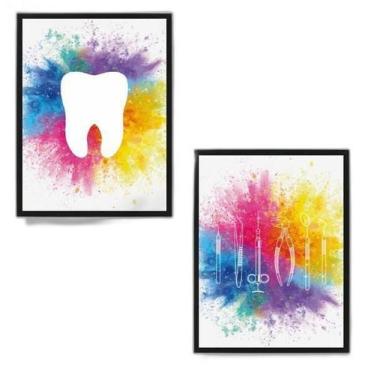 Imagem de Kit 2 Quadros Para Dentista Aquarela 24X18Cm - Vidro Branca - Quadros 
