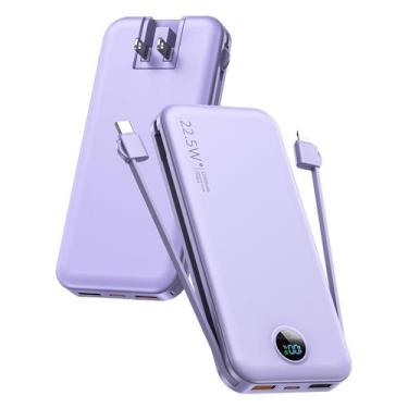 Imagem de Carregador portátil Power Bank 12000mAh com cabos embutidos roxo - cit