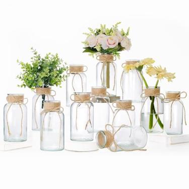 Imagem de Vasos de vidro para casa de fazenda de 473 ml com laços de barbante, pequenos centros de mesa para mesas, garrafas de vidro transparente para centros de mesa (12, transparente)