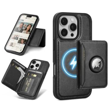 Imagem de Antsturdy Compatível com MagSafe 2 em 1 Capa magnética destacável para iPhone 16 Pro com suporte AirTag, masculina e feminina, couro sintético com bloqueio de RFID, compartimentos para cartão de