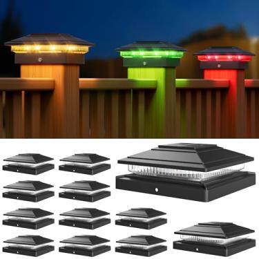 Imagem de APONUO Pacote com 12 luzes solares que mudam de cor - RGB 8 cores sólidas e gradientes, IP65 à prova d'água, para cercas de vinil de madeira 10 x 12 x 15 x 15 x 15 cm, deck, pátio, quintal (preto)