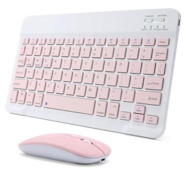 Imagem de Combo Teclado e Mouse Sem Fio Bluetooth - Teclado Ultrafino, Recarregável - Kit Compatível com Tablets e PCs (Rosa)