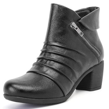 Imagem de Ruiee Botas femininas de cano curto, casuais, modernas, botas de salto grosso, confortáveis, salto médio, bico redondo, fechado, outono e inverno., Preto PU 303, 40