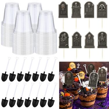 Imagem de Honeydak 48 Sets Halloween Cupcake Decorations Tombstone Graveyard Cake Toppers with Novelty Mini Shovel Spoons, Disposable Plastic Cake Cups for Halloween Ghost Party Decoration Supplies(9 oz)