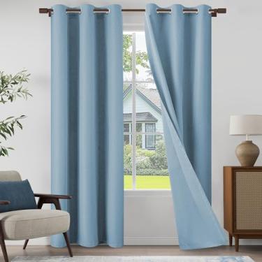 Imagem de Cortinas leves 100% blackout de linho texturizadas 246 cm de comprimento para sala de estar, quarto, cortinas blackout completas com ilhós, azul claro, 94 cm L x 243 cm C, 2 painéis