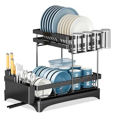 Imagem de Escorredor de Louça Inox 2 Camadas com Suporte para Talheres, Copos, Facas, Tábuas e Bandeja, Organizador de Cozinha Suspenso, Prateleira com Drenagem Eficiente, Preto