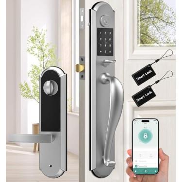 Imagem de Anweller Fechadura de porta de entrada sem chave com conjunto de maçanetas, fechadura inteligente integrada e maçaneta para porta da frente, teclado com código RFID, Bluetooth, eletrônico, segurança