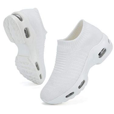 Imagem de DimaiGlobal tênis feminino para caminhada, sem cadarço, de malha, confortável, moderno, acolchoado, feminino, moderno, jazz, dança, calçado fácil, plataforma plataforma mocassim, Branco, 9