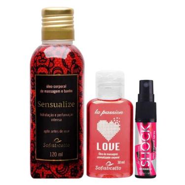 Imagem de Kit Óleo Corporal Beijável Sensualize Shock Plus Morango Love Hot mass