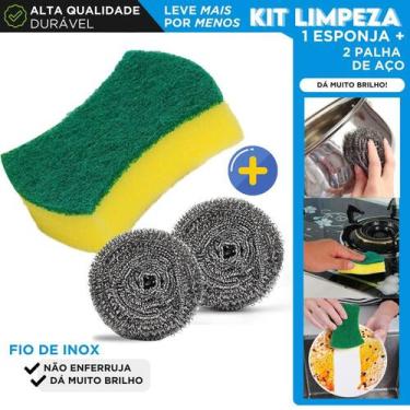 Imagem de Kit Limpeza 2 Palhas de Aço Inox 1 Esponja Dupla Face Verde Para Cozin