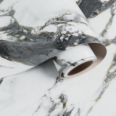 Imagem de VaryPaper Papel de contato de mármore preto e branco de 39,9 cm x 199,9 cm, papel de parede de mármore à prova d'água para mesa, cozinha, bancada, papel de parede de granito autoadesivo removível