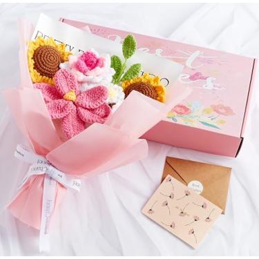 Imagem de LAIDANLA Buquê de flores de crochê rosa crochê girassol margarida tulipa buquê de rosas presentes para mulheres, aniversário dos namorados, dia das mães, presentes de aniversário, buquês de flores de