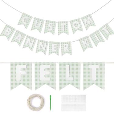 Imagem de Kit de banner personalizado, 28 faixas de serapilheira verde guingão impressas com 92 letras brancas de feltro, faça seu próprio kit personalizável para decorações de festa de casamento de aniversário